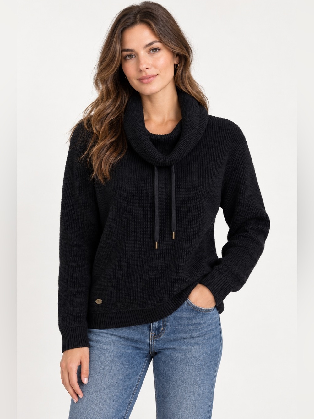 Lauren Ralph Lauren Black Cotton Cowl Neck Drawstring Sweater Size L